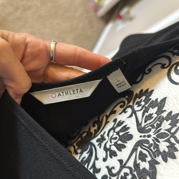 Black Athleta Ponte Illusion Dress, Crew neckline, Cap Sleeves, V back - Picture 5 of 7